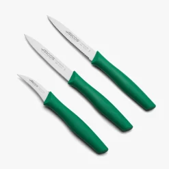 Set de 3 couteaux office lame lisse, crantée et éplucheur vert Nova