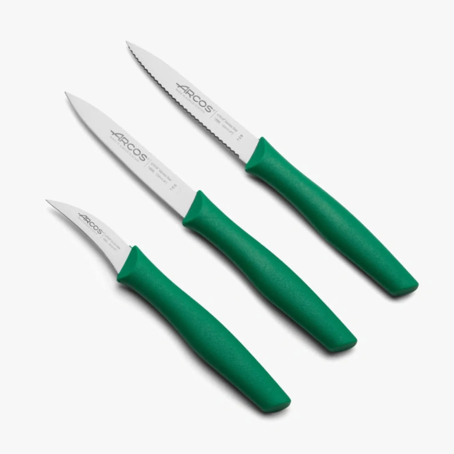 Set de 3 couteaux office lame lisse, crantée et éplucheur vert Nova